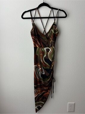 Windsor Asymmetrical Brown Green Swirl Slip Dress